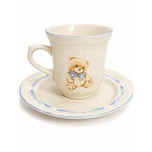Vintage Tienshan Teddy Bear Stoneware Cup & Saucer Blue Bow